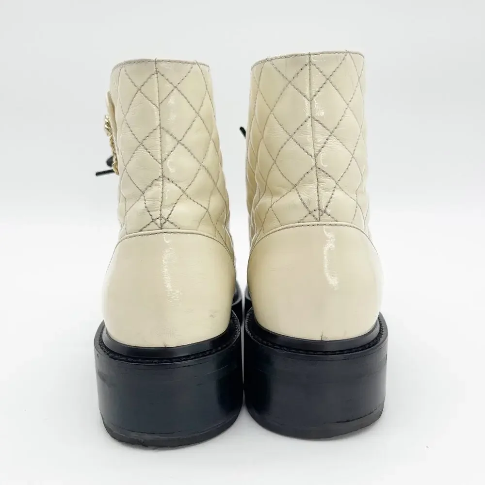 Chanel Brave Ivory Black Quilted Leather Chain CC Cap Tap Combat Boots EU 41